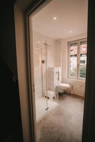 une salle de bain blanche avec douche et toilettes dans l'établissement Maison privée, 2 ch. 6 pers. 5 min Gare, Parking, à Besançon