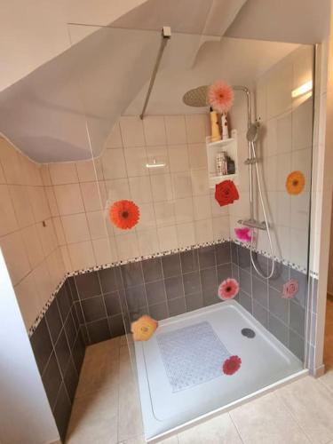 La salle de bains est pourvue d'une douche et d'un mur carrelé. dans l'établissement Grande maison de vacances chez Jo et Maria, à Durban-Corbières