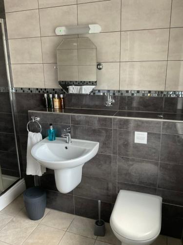 uma casa de banho com um lavatório, um WC e um espelho. em Cornerways Llandudno em Llandudno