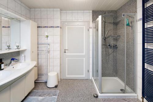 a bathroom with a shower and a tub and a sink at Landharmonie Knüll in Frielendorf