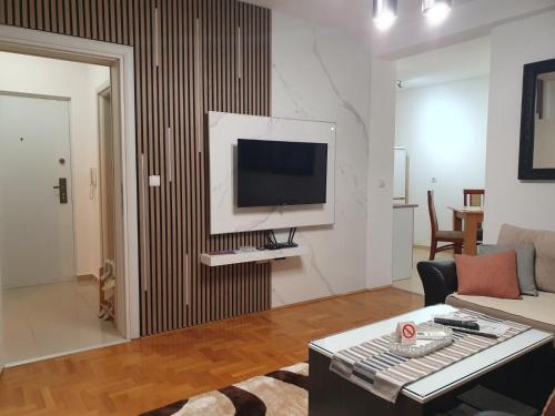 een woonkamer met een flatscreen-tv aan de muur bij Apartman River in Sremska Mitrovica