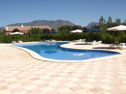 uma grande piscina com cadeiras e guarda-sóis em Cortijo Villarosa em Benablón
