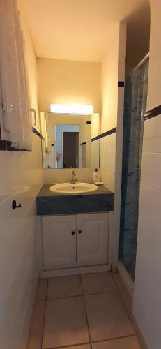 een badkamer met een wastafel en een spiegel bij OREE DU GOLF II Joli T3 proche golf piscine Cap d Agde in Cap d'Agde