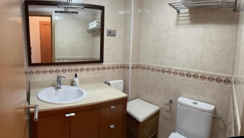 カンブリルスにあるApartamentos la Doradaのバスルーム(洗面台、トイレ、鏡付)