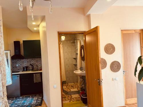 La salle de bains est pourvue d'une douche et d'un lavabo dans la cuisine. dans l'établissement Sky Guest House, à Tbilissi