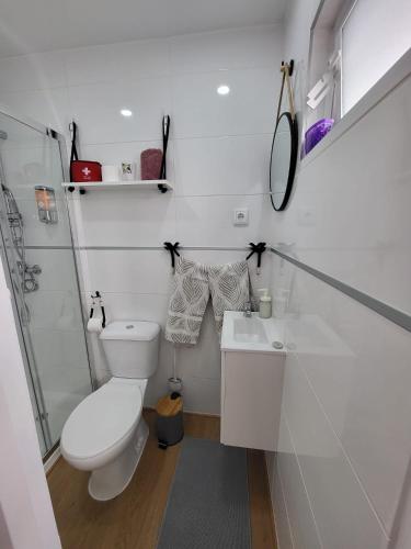 a white bathroom with a toilet and a sink at Cheirinho a Mar AL in Nazaré