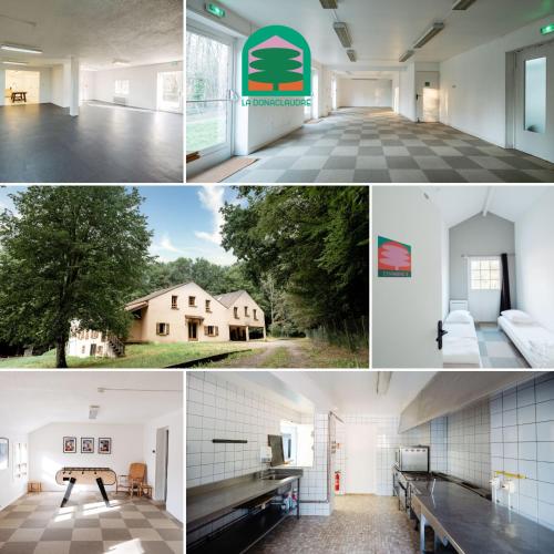 un collage de photos d'une maison dans l'établissement La Donaclaudré - Hébergement de groupe en pleine nature, idéal pour tous vos séjours ! 63 couchages - 2 grandes salles - Salle de jeux - Cuisine professionnelle - Accessible facilement - Localisation attractive -Proche Paris & Disney, à Saint-Augustin