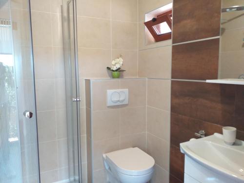 a bathroom with a shower and a toilet and a sink at Monte studio app 3 in Umag