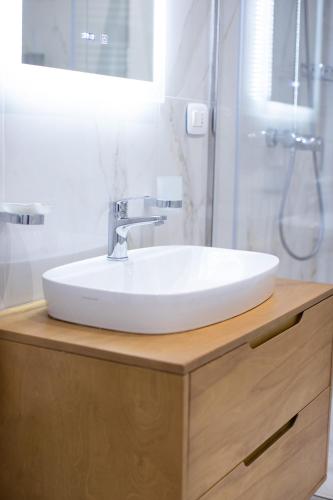 a bathroom with a white sink and a shower at Ginger Home Tirana in Tirana