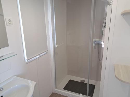 a bathroom with a shower and a sink at mobil home le castellas Bertrand /stehlin in Sète