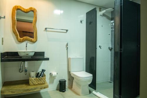 ein Badezimmer mit einem WC, einem Waschbecken und einem Spiegel in der Unterkunft HOTEL SERRA DA CAPIVARA RESORT E CONVENTION in São Raimundo Nonato