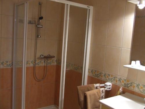 une douche avec une porte vitrée dans une salle de bain dans l'établissement Les Abris de la Sée, à Tirepied
