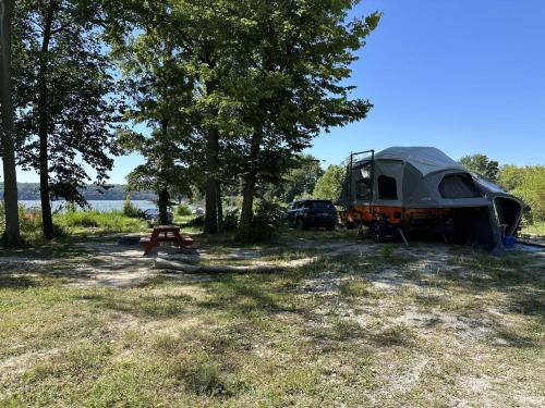 a tent and a picnic table in a field with trees at KAYAK STARVED ROCK CAMPGROUND in Ottawa