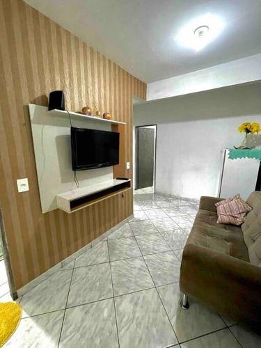 Apartamento 5 km do aeroporto في برازيليا: غرفة معيشة مع أريكة وتلفزيون بشاشة مسطحة
