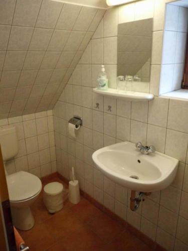 a bathroom with a sink and a toilet at Gästezimmer mit Garten in Werneuchen