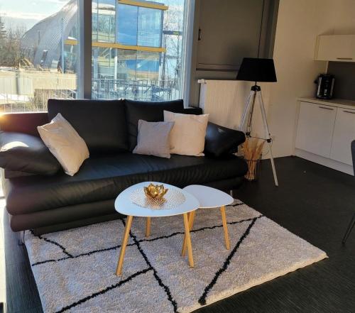 a living room with a black couch and a table at Appartment Düne 6 1OG Grundbelegung 2 Pers in Elsterheide