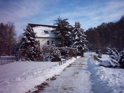 a snow covered road in front of a house at Gästezimmer mit Garten - b59462 in Werneuchen