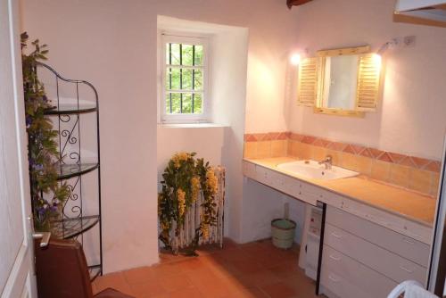 a bathroom with a sink and a mirror and a window at Authentique presbytére pour 6 personnes in Asperjoc