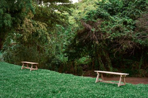 two benches sitting on top of a lush green field at Baan Rai Santisuk in Ban Sok Dua