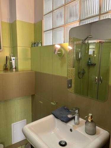 een badkamer met een wastafel en een spiegel bij Apartament 18 in Toruń