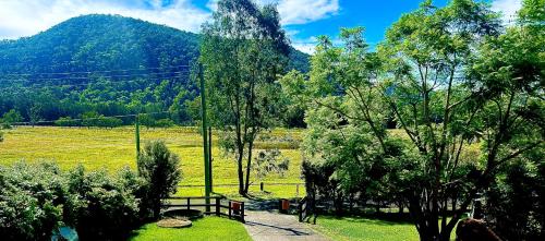 a park with trees and a mountain in the background at Paisanas Wisemans Ferry in Wisemans Ferry