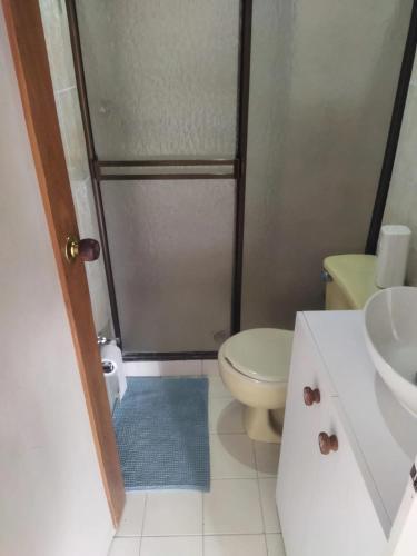a bathroom with a shower and a toilet and a sink at Casa 4 in Medellín