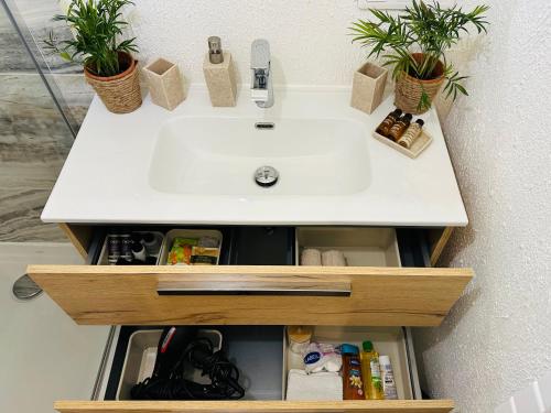 - un lavabo avec 2 plantes au-dessus dans l'établissement Appartement Sea Shell, à Cavalaire-sur-Mer