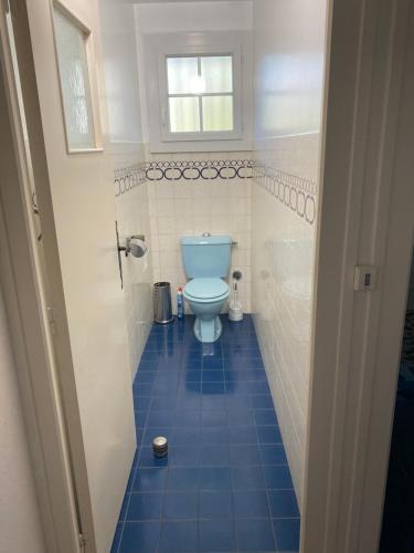 baño con aseo y suelo de baldosa azul en Chambres d'Hôtes de Franc, en Moliets-et-Maa