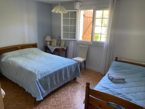 een slaapkamer met 2 bedden, een tafel en een raam bij Chambres d'Hôtes de Franc in Moliets-et-Maa