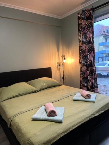 Un dormitorio con una cama con dos toallas encima. en Becca Apartment 2, en Sînmartin