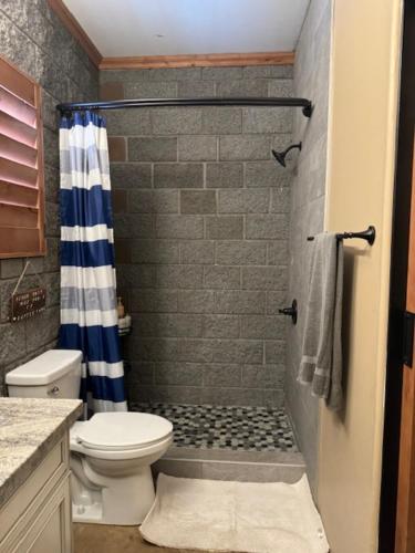 a bathroom with a toilet and a shower at Rustic Retreat New Cabin on 2 Acres Fully Fenced! Summer special 2 complimentary tickets to Bearizona offer expires July 31st 2024 in Williams