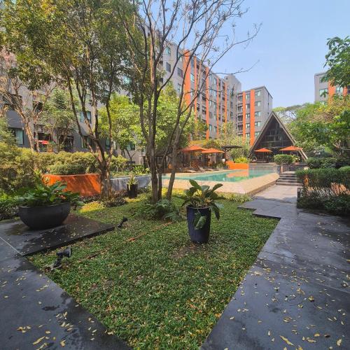 a park with a pool and trees and buildings at Central Festival Condo in Chiang Mai