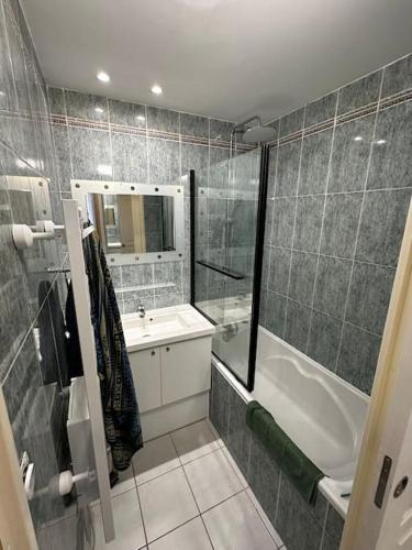 une salle de bain avec une douche, une baignoire et un lavabo dans l'établissement Appartement 2CH, clim, piscine, garage, mer, au Grau-du-Roi