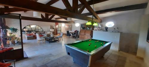 un grand salon avec un billard dans l'établissement Domaine des Francobelges - Appartements, à Lauris