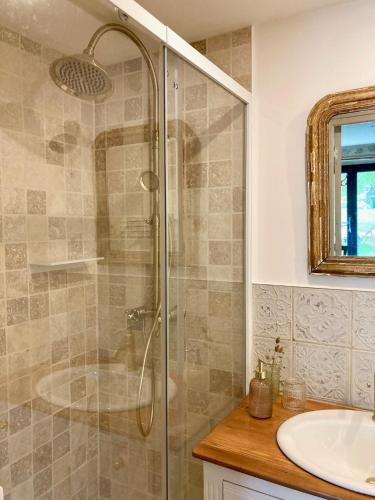 a bathroom with a shower and a sink at La Chambre du Saule in Trévières