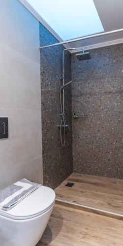 a bathroom with a toilet and a shower at Nicole Rooms in Palaiochóra