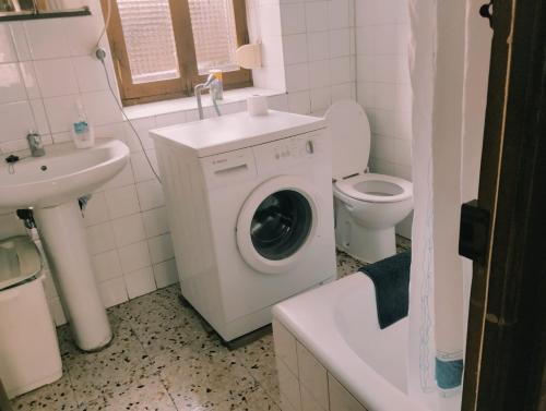 a bathroom with a washing machine and a sink at Casa en Picos de Europa in Posada de Valdeón