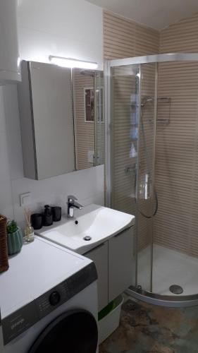 a bathroom with a sink and a shower with a mirror at Helena in Trzin