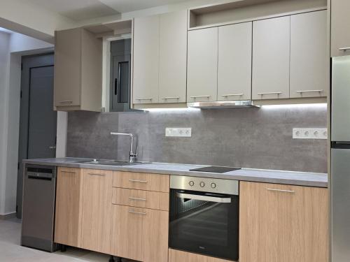 a kitchen with white cabinets and a sink at Prodano in Petrokhorion