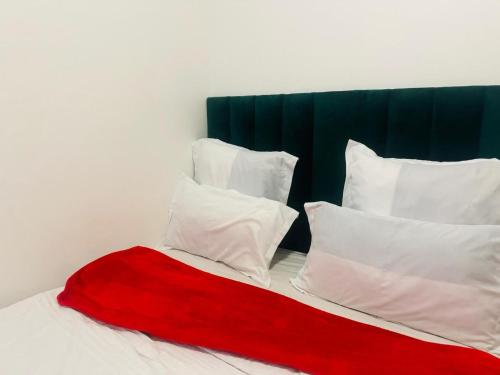 1 cama con almohadas blancas y manta roja en Delight double bedroom in Mowbray, en Ciudad del Cabo