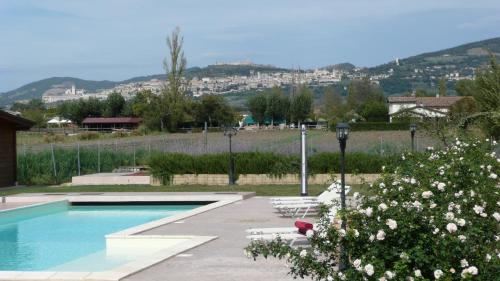 a swimming pool with two loungers next to at Il Fienile di Assisi in Assisi