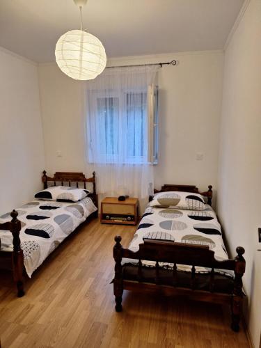 a bedroom with two beds and a chandelier at Kuca za odmor Sweet Dreams in Bisko