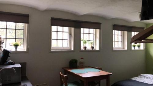 a bedroom with a table and four windows at Boerderij de Enkhoeve in Laag-Soeren