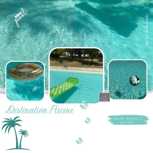 un collage de photos d'une piscine dans l'établissement Au Cœur des Acacias, à Lauzun