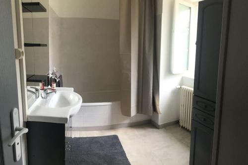 W łazience znajduje się umywalka i wanna. w obiekcie Maison de campagne en Périgord noir w mieście Nadaillac