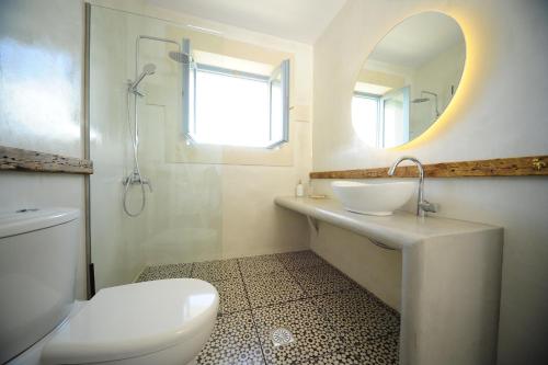 a bathroom with a sink and a toilet and a mirror at Villa Aeriko in Kounoupidhianá