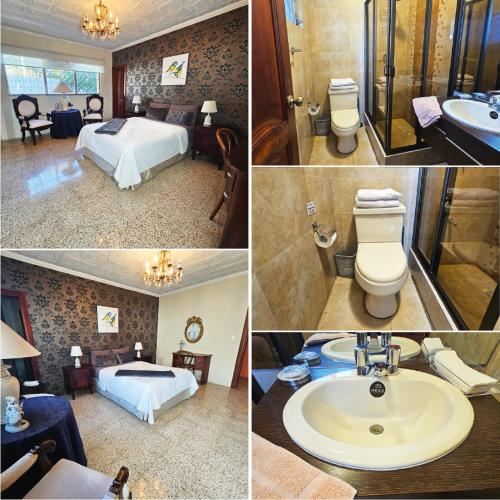 a collage of four pictures of a hotel room at Casa Hamilton casa entera in Cuenca
