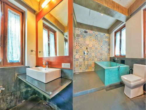 two images of a bathroom with a sink and a toilet at Sovi - Luxury apartments with pool near Mandrem beach north Goa in Mandrem