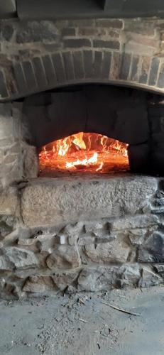 un forno di mattoni con un fuoco al suo interno di La Ferme Berger a Les Ardillats