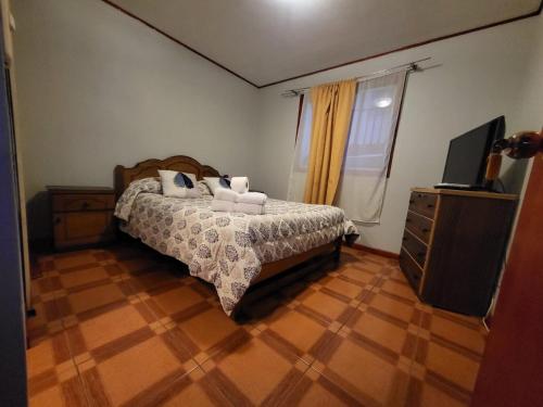 a bedroom with a bed and a dresser and a television at Hostal aleja in Caldera
